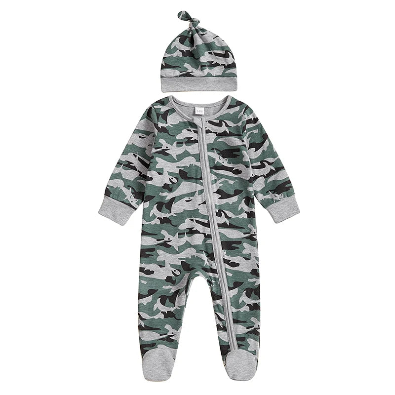2024-11-21  0-6M Baby Boys Footies Rompers Camouflage Round Neck Long Sleeve Infant Clothes Jumpsuits with Hat