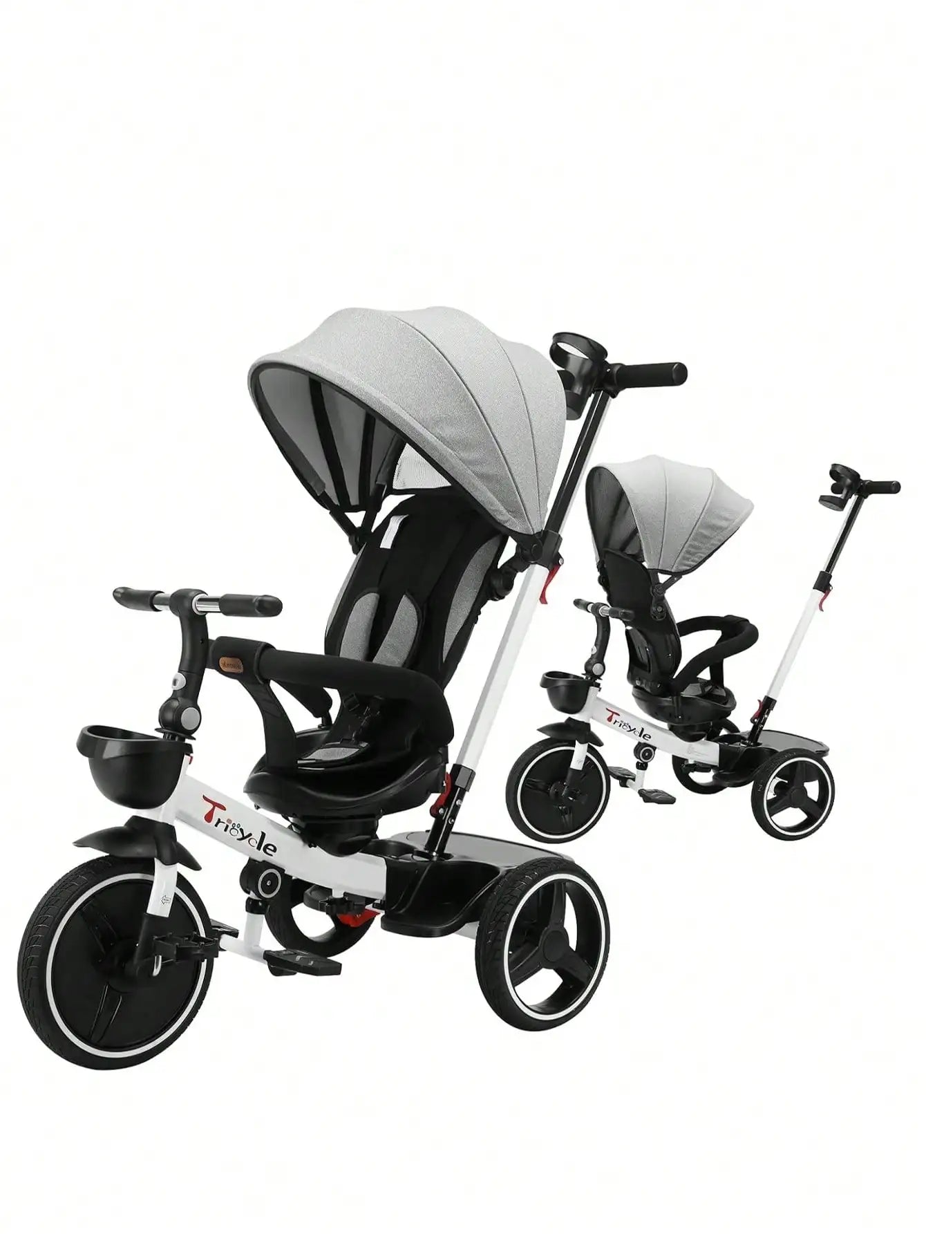 6-in-1 Kids' Tricycle with Teether, Safety Belt & Sunshade - Ride-On Toy for 1-6 Years (Gray/White)