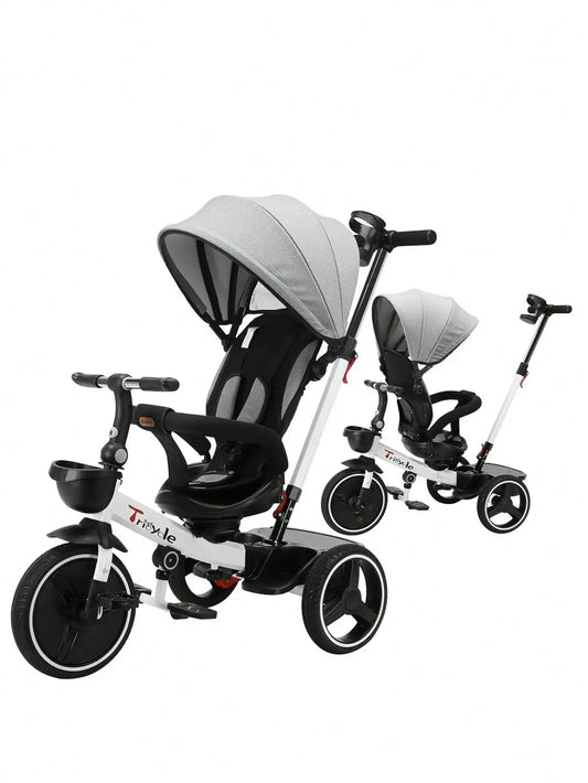 6-in-1 Kids' Tricycle with Teether, Safety Belt & Sunshade - Ride-On Toy for 1-6 Years (Gray/White)