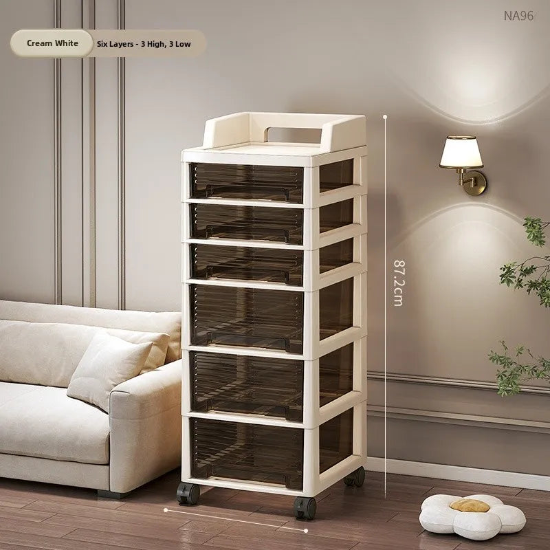 New Bedroom Dustproof Cosmetic Cart Standable Der pe Storage Cabinet Mobile with Wheels Organizer for Nursery