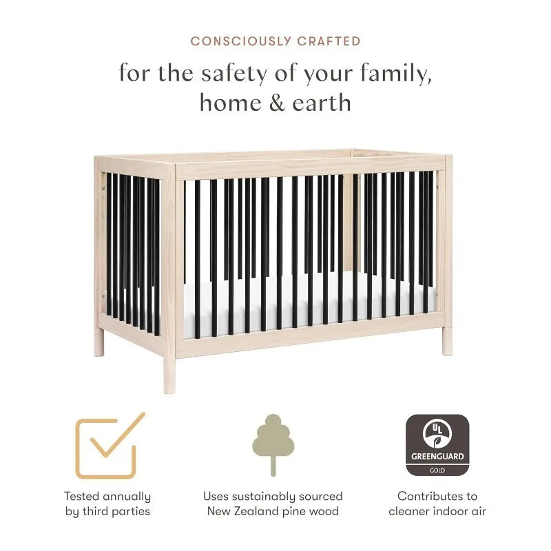 Gelato 4-in-1 Convertible Crib with Toddler Bed Conversion in Washed Natural and Black, Greenguard Gold Certified