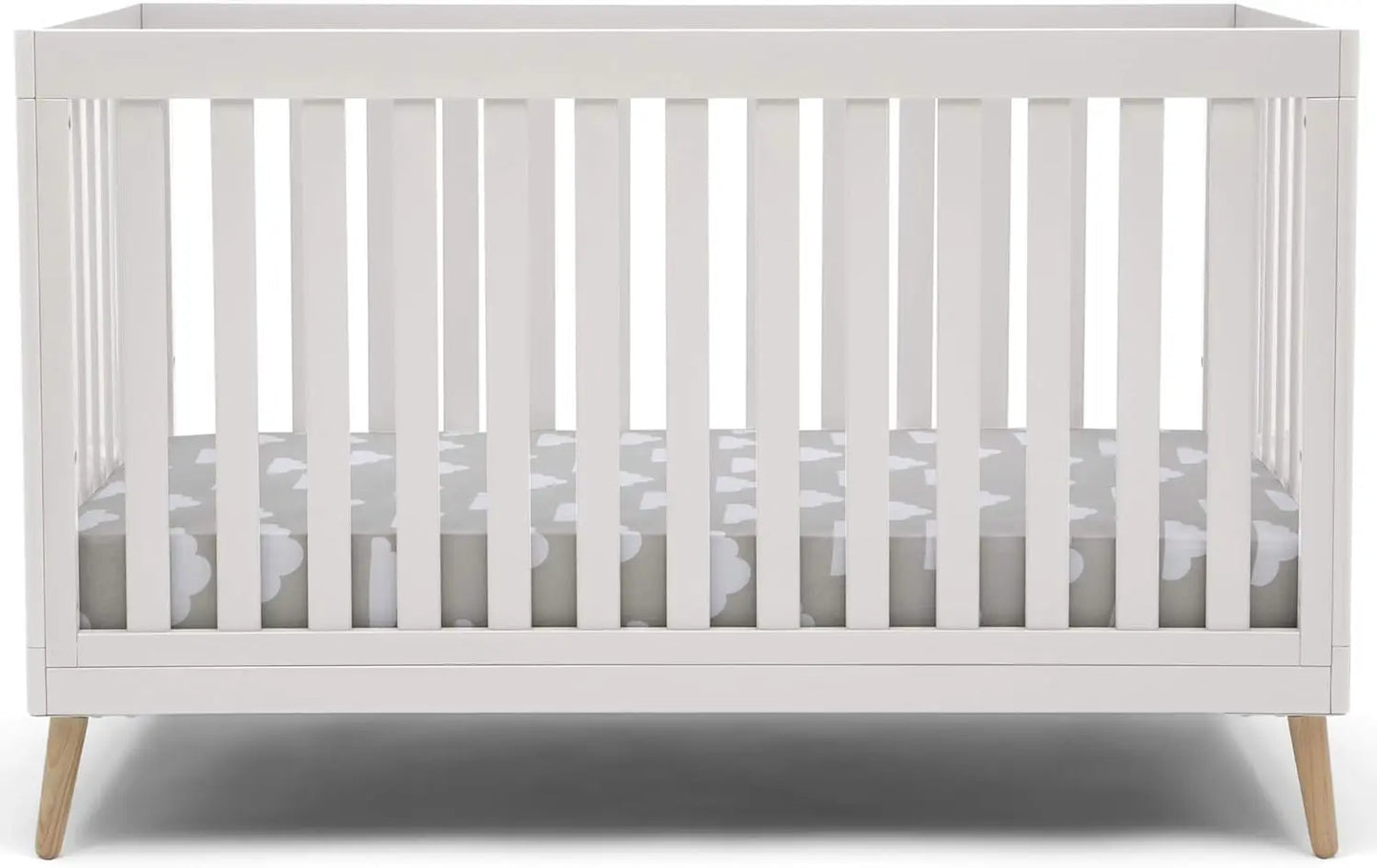 Bianca White 4-in-1 Convertible Crib, Adjustable Baby Bed with Natural Wood Legs