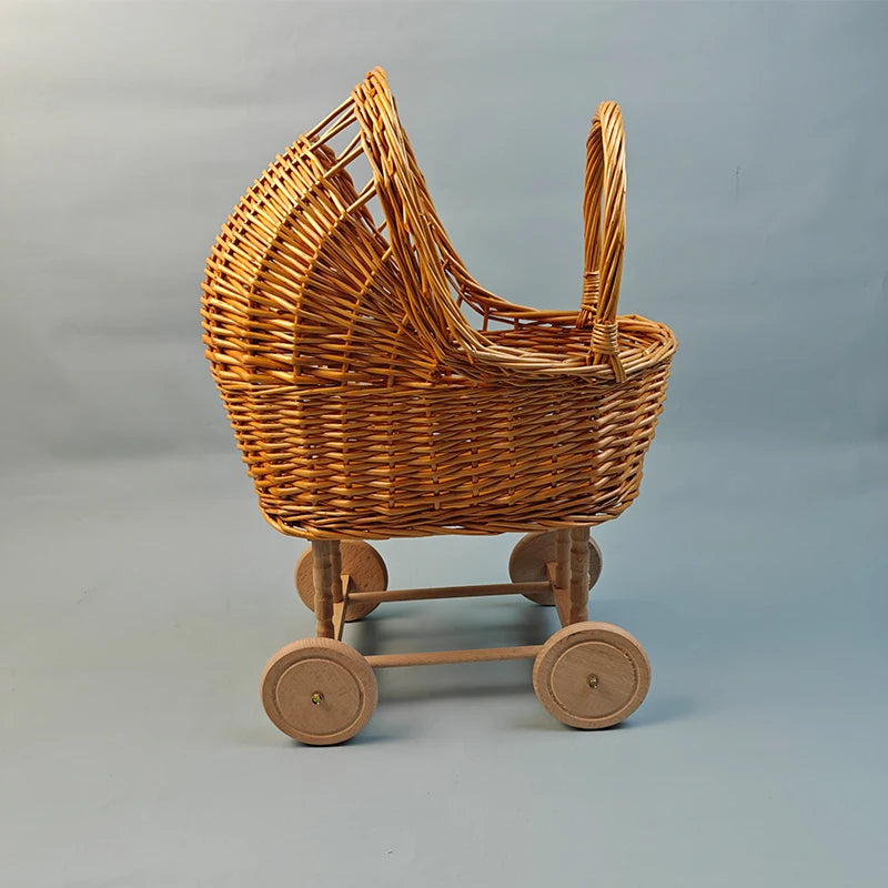 Retro Rattan Doll Stroller Toy Studio Baby Photo Props Doll Carriage Child Room Decoration Baby Doll Cart Pretend Play Toys