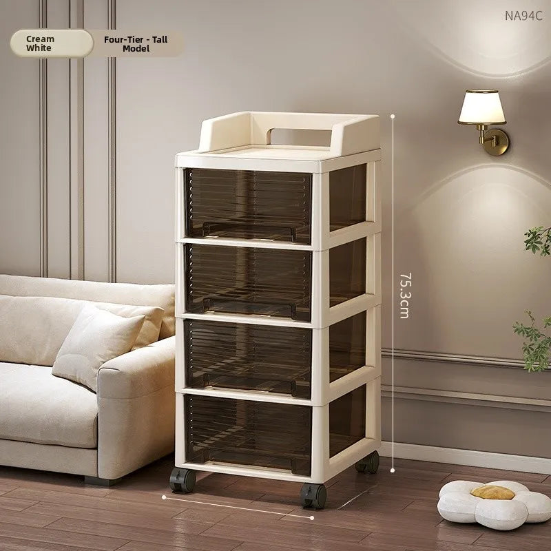 New Bedroom Dustproof Cosmetic Cart Standable Der pe Storage Cabinet Mobile with Wheels Organizer for Nursery