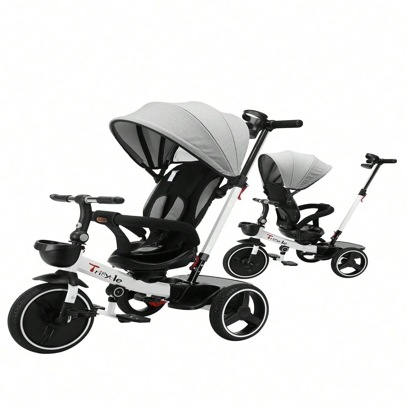 6-in-1 Kids' Tricycle with Teether, Safety Belt & Sunshade - Ride-On Toy for 1-6 Years (Gray/White)