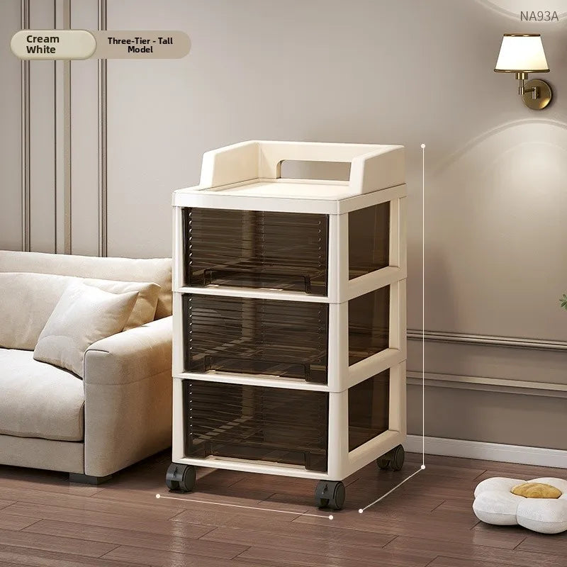 New Bedroom Dustproof Cosmetic Cart Standable Der pe Storage Cabinet Mobile with Wheels Organizer for Nursery