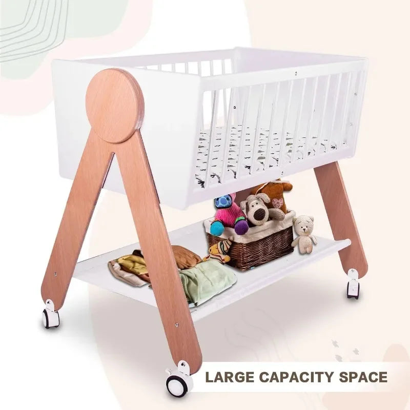 Wooden Bedside Bassinet Sleeper,Safe & Stylish Baby Crib Bassinet with Locking Wheels,Mosquito Net,Large Storage Basket