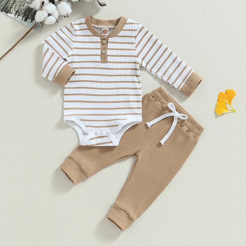 Autumn Infant Baby Boy Fall Outfits Long Sleeve Striped Print Romper + Pants Set Warm Clothes