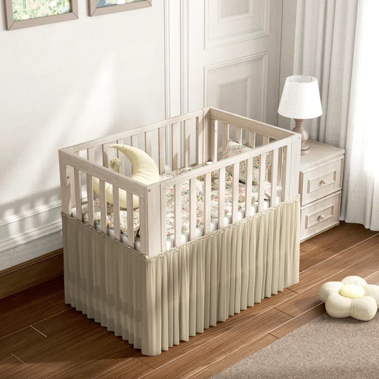 6-in-1 Portable Convertible Mini Crib With Mattress & Removable Wheels, 100% New Zealand Wood Growing Bed, Washed Natural