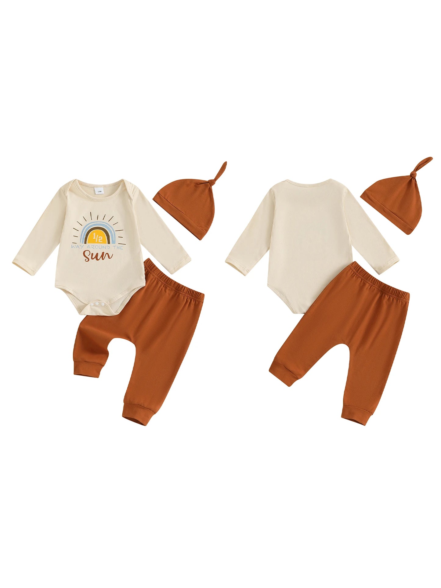 Infant 6 Month Celebration Ensemble with Sun Letter Print Long Sleeve Romper Solid Pants and Cap - 3 Piece Set for Half