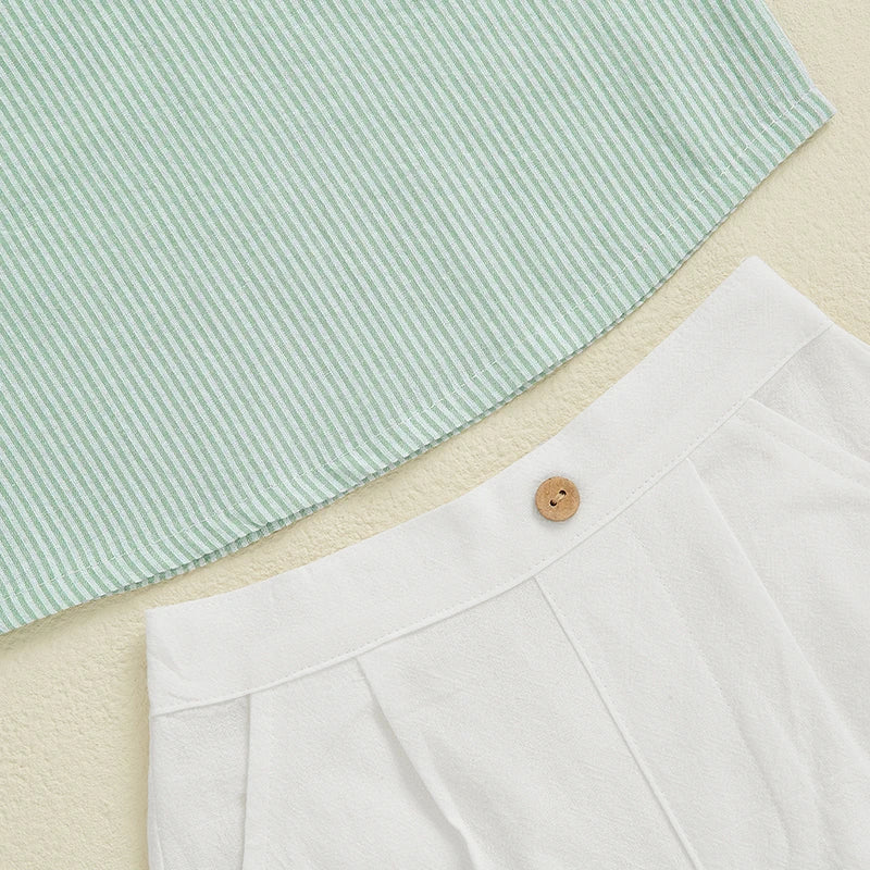 Toddler Boy Casual Summer Outfit Set with Striped Half Button-up Top and Solid Shorts for a Stylish Look