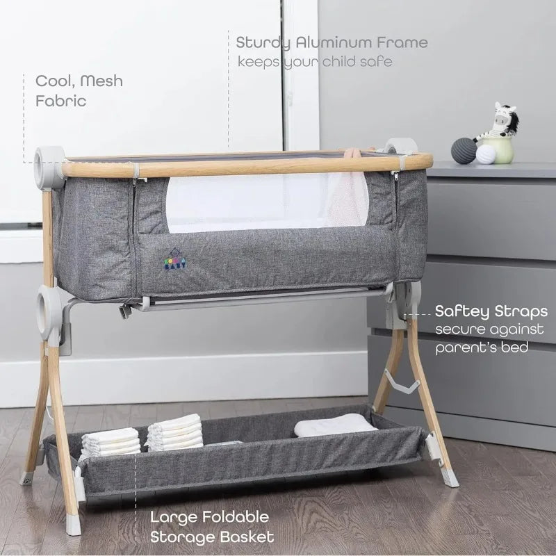 Bedside Baby Bassinet, Easy Fold Sleeper with Storage & Mattress, Portable Crib for Newborn