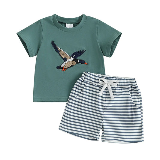 Adorable Infant Boy s Casual Wear Set with Cute Duck Print Tee and Striped Shorts for a Stylish Summer Look