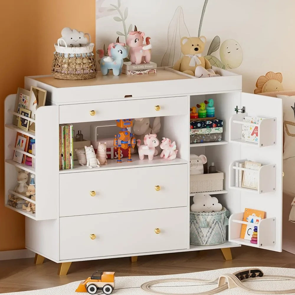 Nursery Dresser with Baby Changing Table, Modern Diaper Changing Station,Dresser for Nursery with 3 Drawers & Shelves,