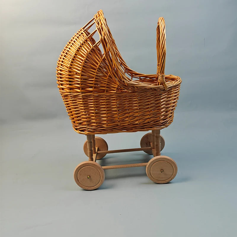 Retro Rattan Doll Stroller Toy Studio Baby Photo Props Doll Carriage Child Room Decoration Baby Doll Cart Pretend Play Toys