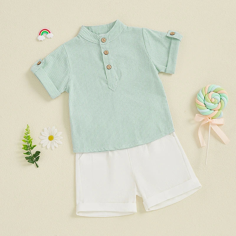 Toddler Boy Casual Summer Outfit Set with Striped Half Button-up Top and Solid Shorts for a Stylish Look