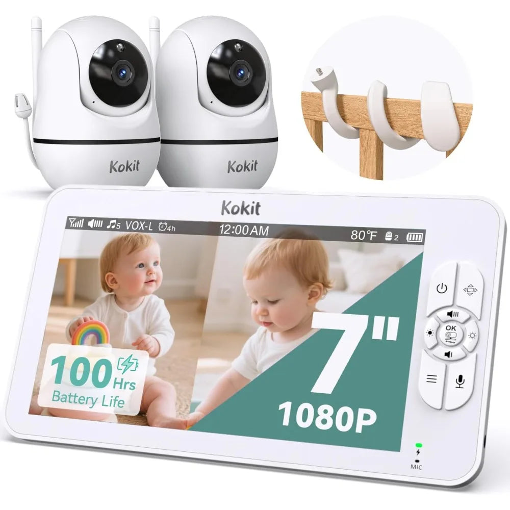 7" 1080P Full HD Split-Screen Baby Monitor,100 Hrs 5000mAh Battery Runs 4 Days with Flexible Bracket,No WiFi Baby Monitor with 2