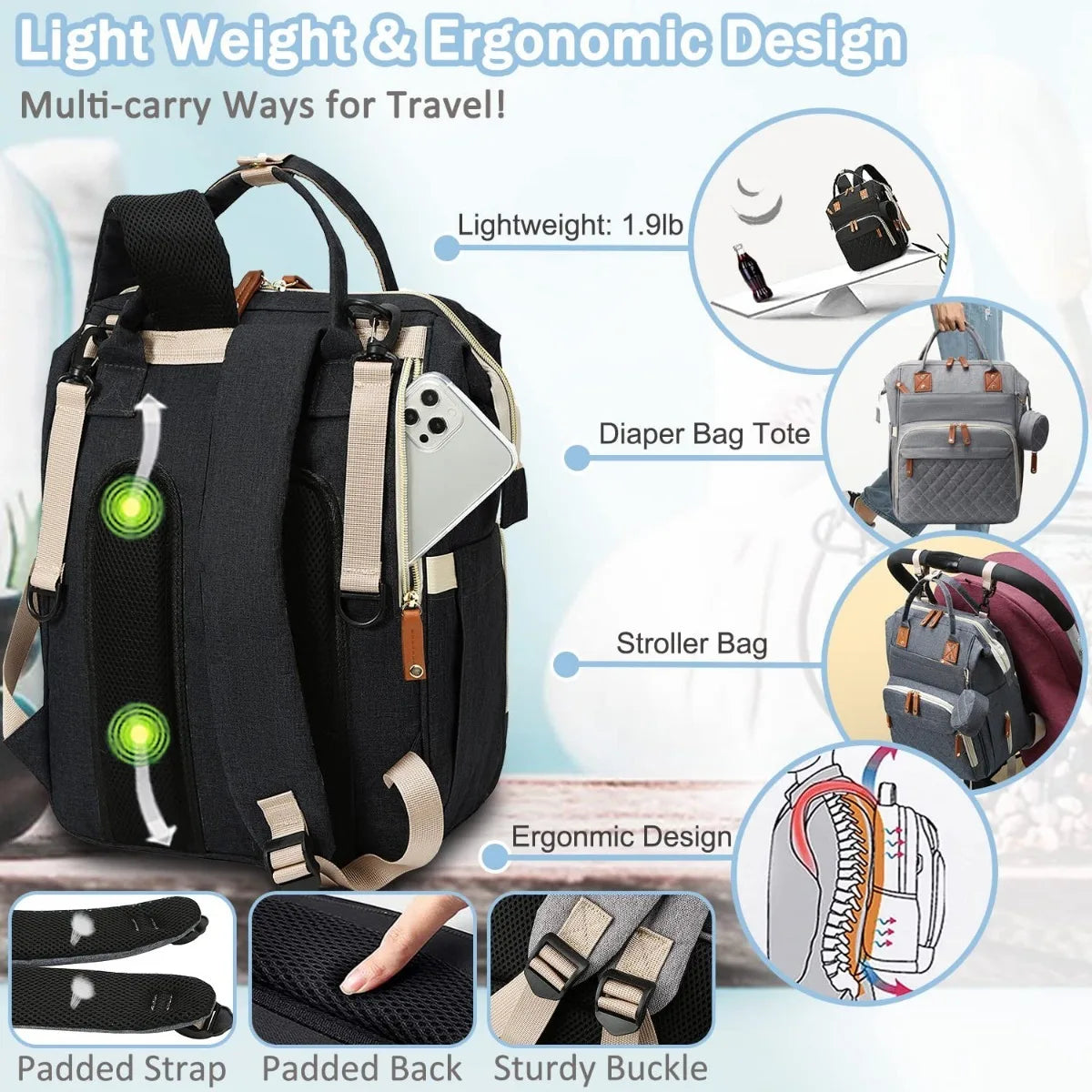 Multifunctional Diaper Bag Backpack Baby Bag, Baby Girl Boy Diaper Bag for Dad Mom , Large Capacity Nursing Diaper Bag