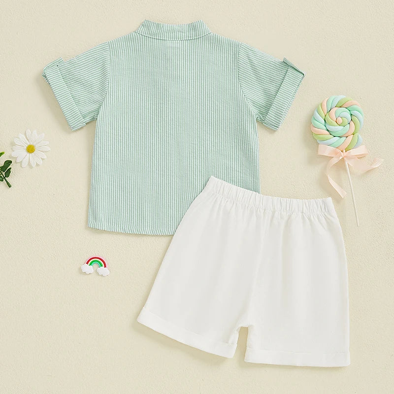 Toddler Boy Casual Summer Outfit Set with Striped Half Button-up Top and Solid Shorts for a Stylish Look