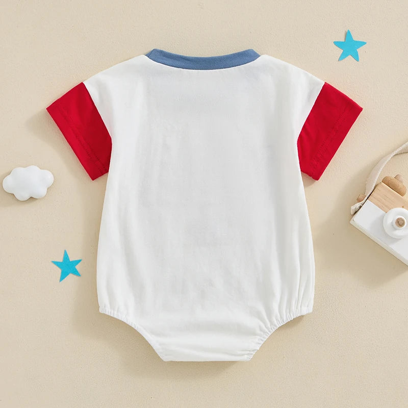 Baby 4th of July Romper Short Sleeve Round Neck Letter Flag Embroidery Bodysuit Infant Playsuit
