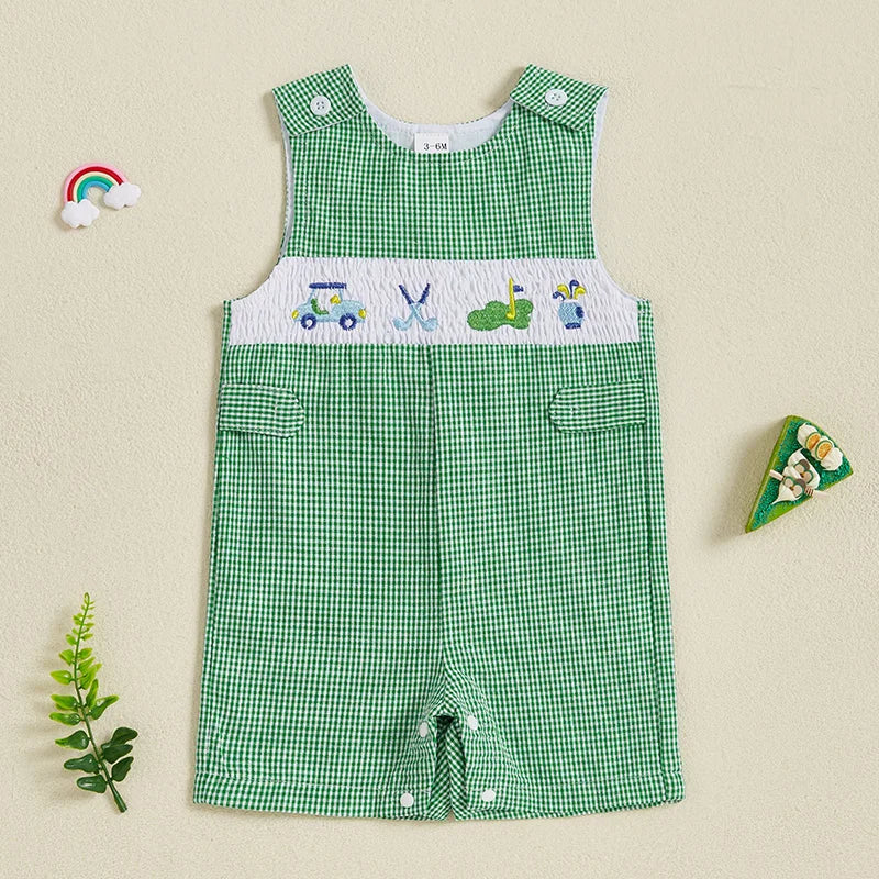 Infant Boy Summer Romper Sleeveless Round Neck Golf Embroidery Jumpsuit Toddler Playsuit Outfit for Newborns