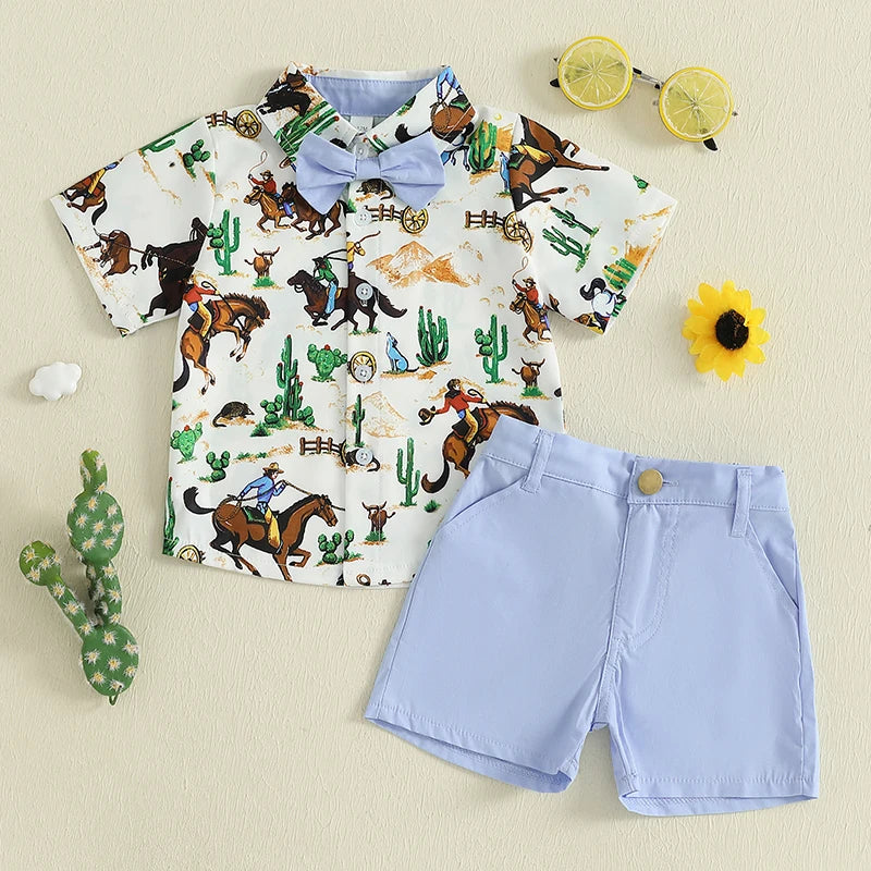 Adorable Baby Boy Cowboy Style Outfit with Plaid Shirt and Denim Shorts for Western Themed Events and Parties