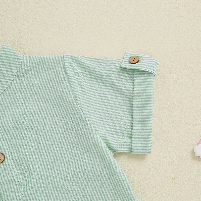 Toddler Boy Casual Summer Outfit Set with Striped Half Button-up Top and Solid Shorts for a Stylish Look