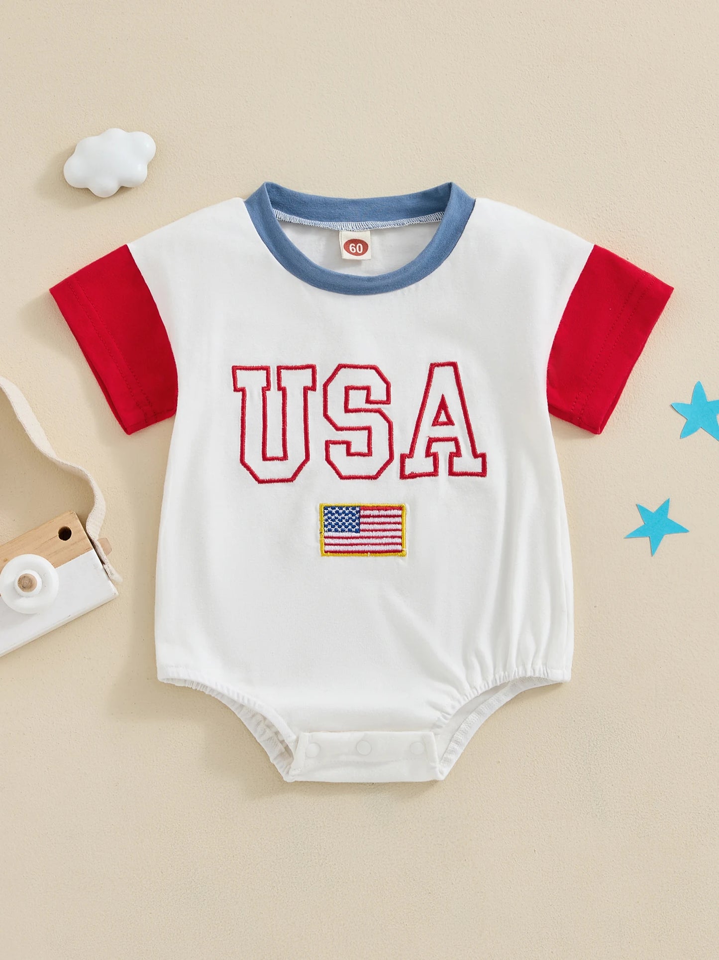 Baby 4th of July Romper Short Sleeve Round Neck Letter Flag Embroidery Bodysuit Infant Playsuit