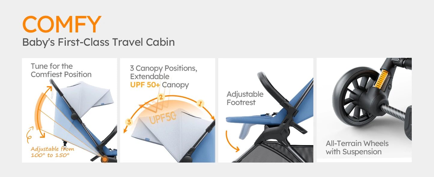 Ultra Air X Portable Baby Stroller 9.9lbs Carbon Fiber Frame with Safety Belt & Storage (BLUE)