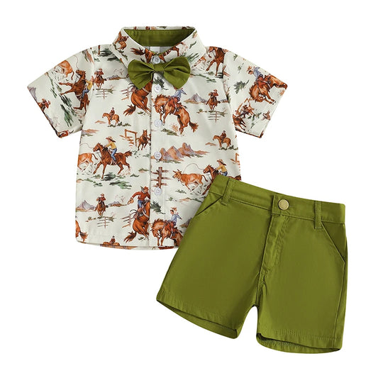 Adorable Baby Boy Cowboy Style Outfit with Plaid Shirt and Denim Shorts for Western Themed Events and Parties