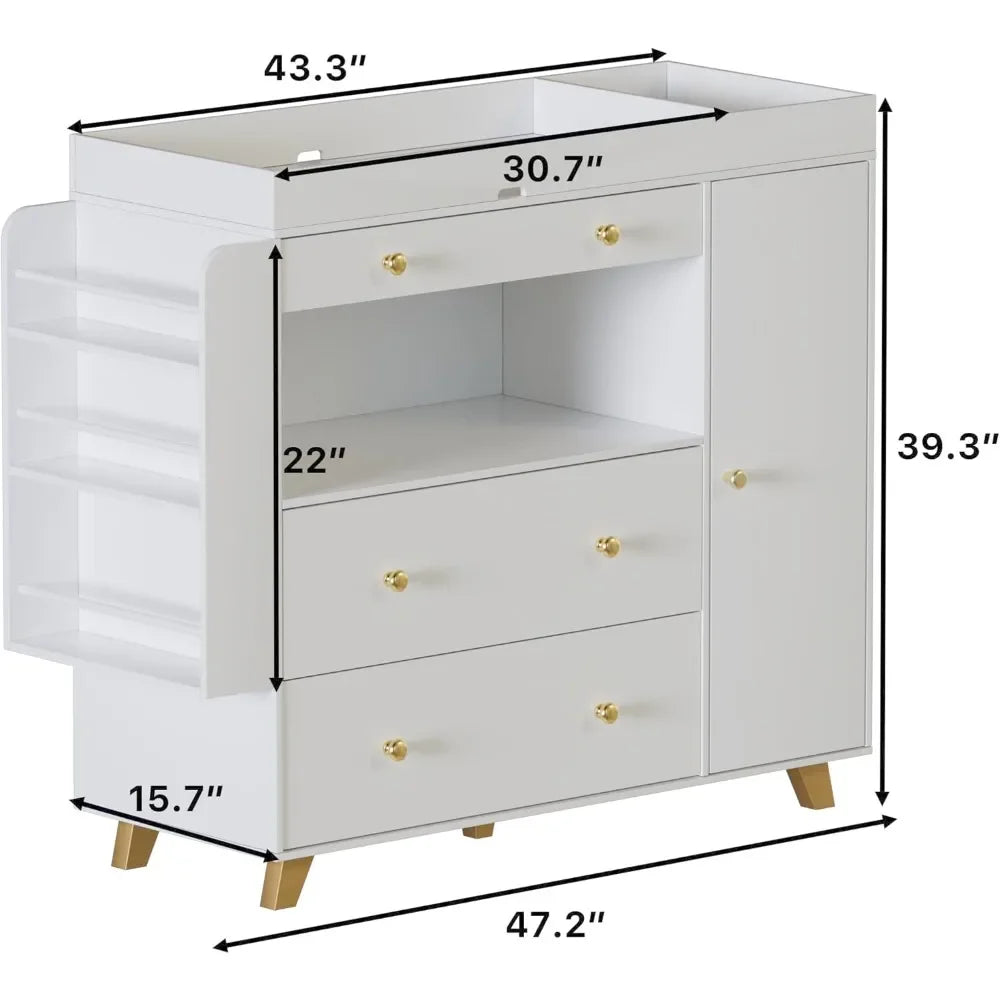 Nursery Dresser with Baby Changing Table, Modern Diaper Changing Station,Dresser for Nursery with 3 Drawers & Shelves,