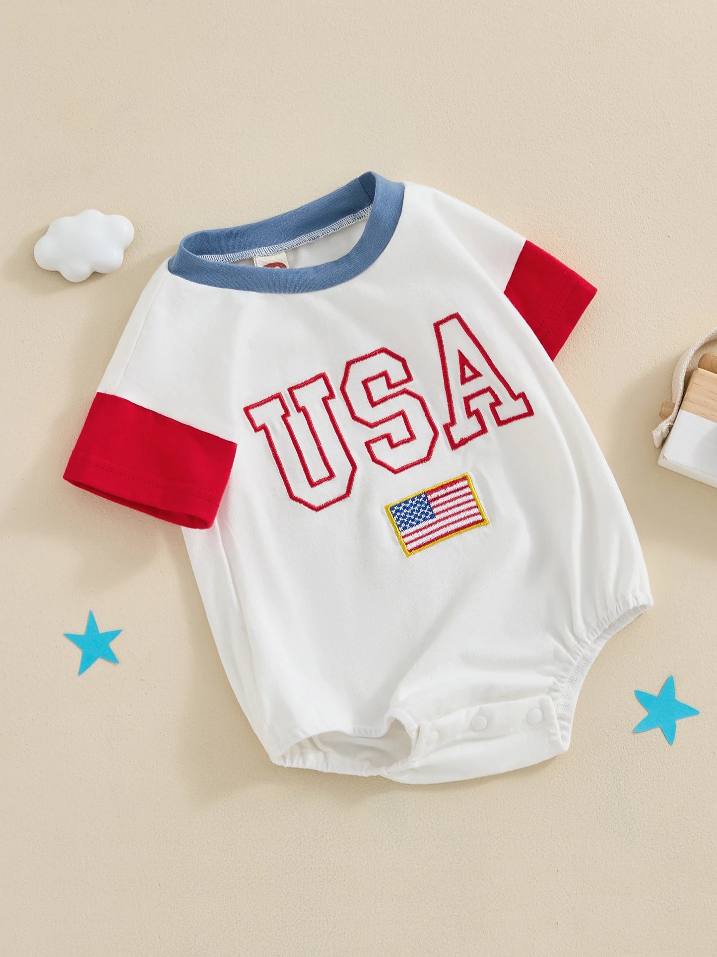 Baby 4th of July Romper Short Sleeve Round Neck Letter Flag Embroidery Bodysuit Infant Playsuit