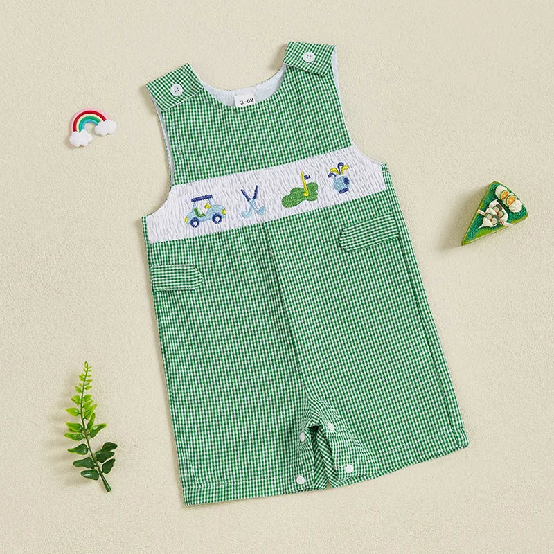 Infant Boy Summer Romper Sleeveless Round Neck Golf Embroidery Jumpsuit Toddler Playsuit Outfit for Newborns