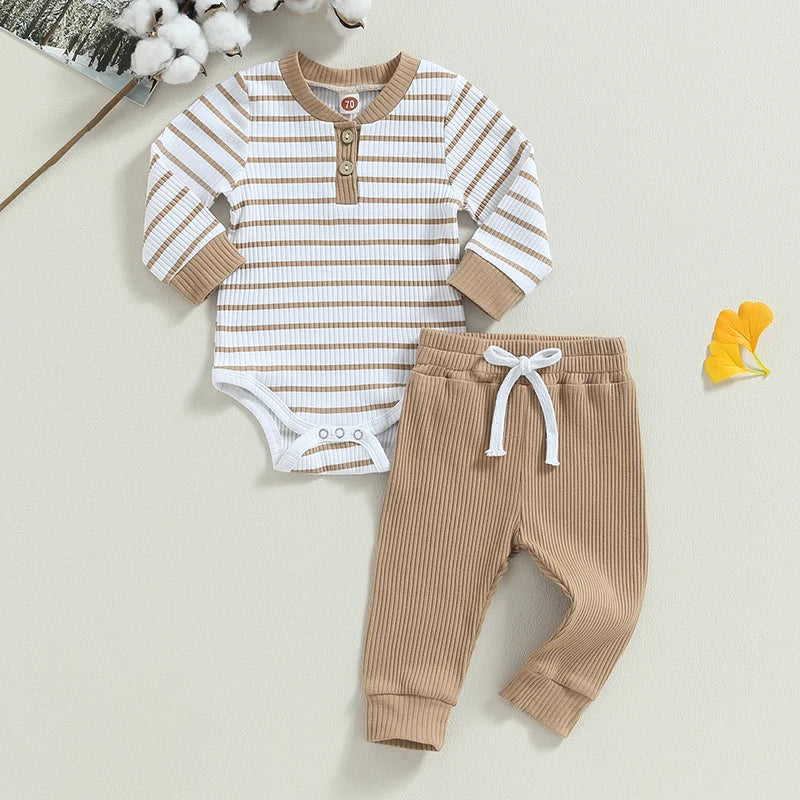 Autumn Infant Baby Boy Fall Outfits Long Sleeve Striped Print Romper + Pants Set Warm Clothes