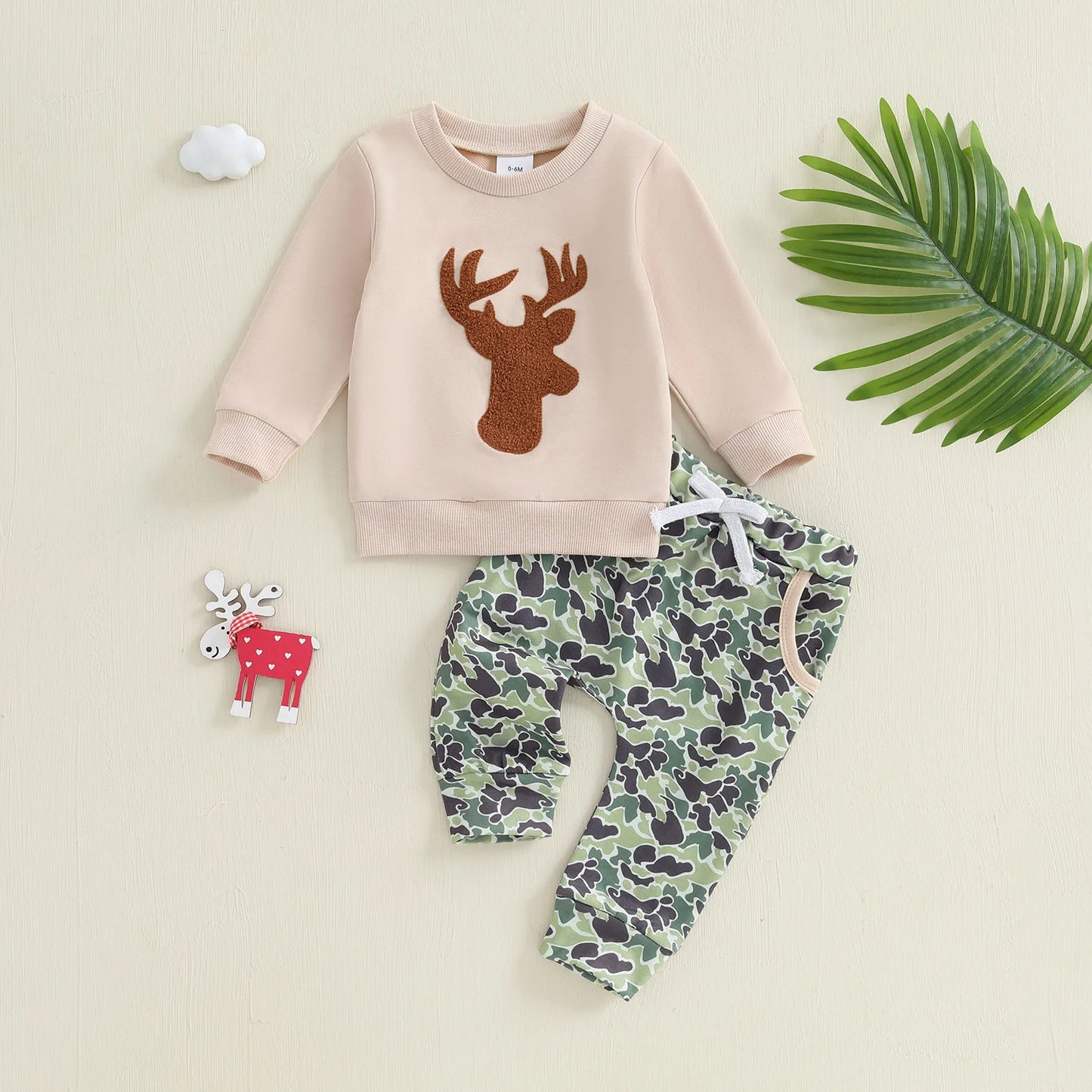 Toddler Boy Winter Outfit Reindeer Print Hoodie and Camo Joggers Set for Baby Boys Long Sleeve Sweatshirt and Pants