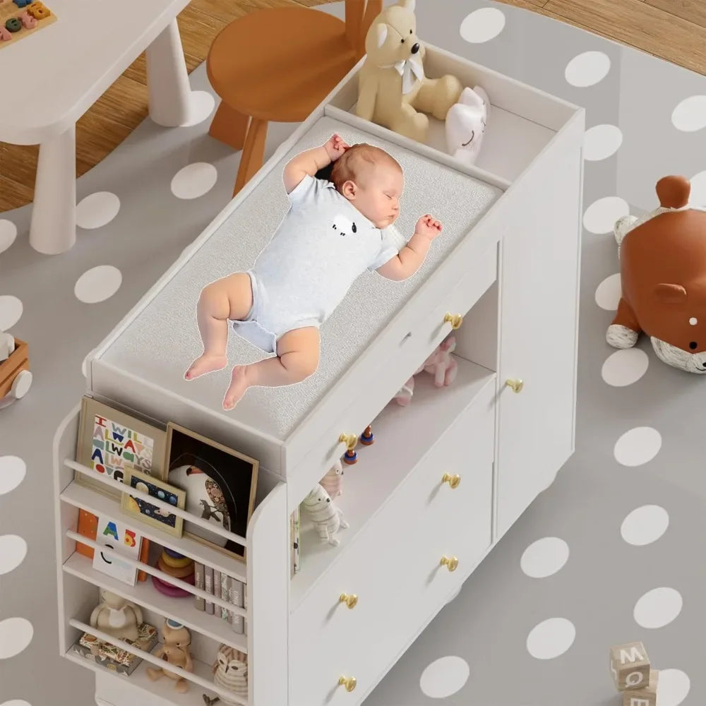 Nursery Dresser with Baby Changing Table, Modern Diaper Changing Station,Dresser for Nursery with 3 Drawers & Shelves,