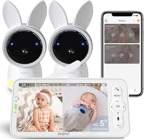 Baby Monitor with 2 Cameras, 2K Smart Baby Camera with 5'' Upgraded Wireless Display, Super Night Vision, Breathing Light, Lull