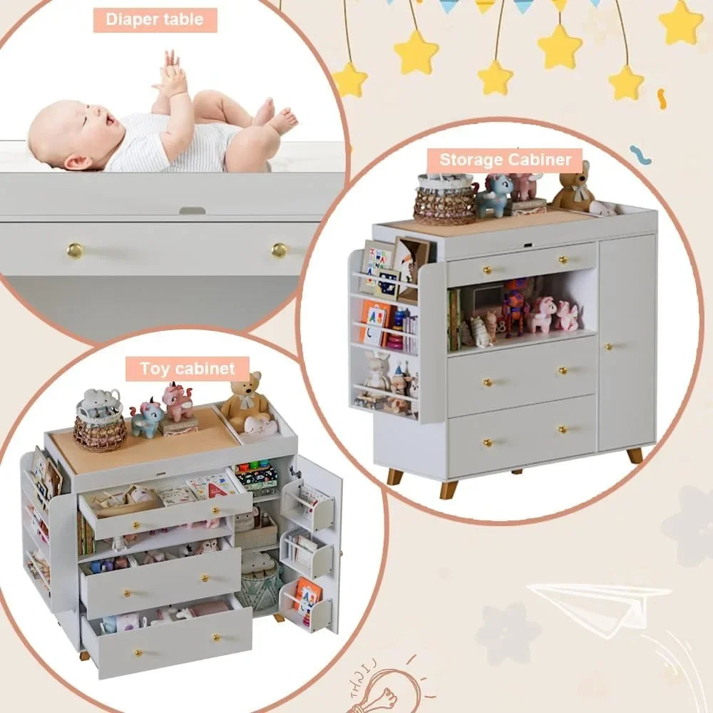 Nursery Dresser with Baby Changing Table, Modern Diaper Changing Station,Dresser for Nursery with 3 Drawers & Shelves,
