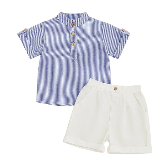Toddler Boy Casual Summer Outfit Set with Striped Half Button-up Top and Solid Shorts for a Stylish Look