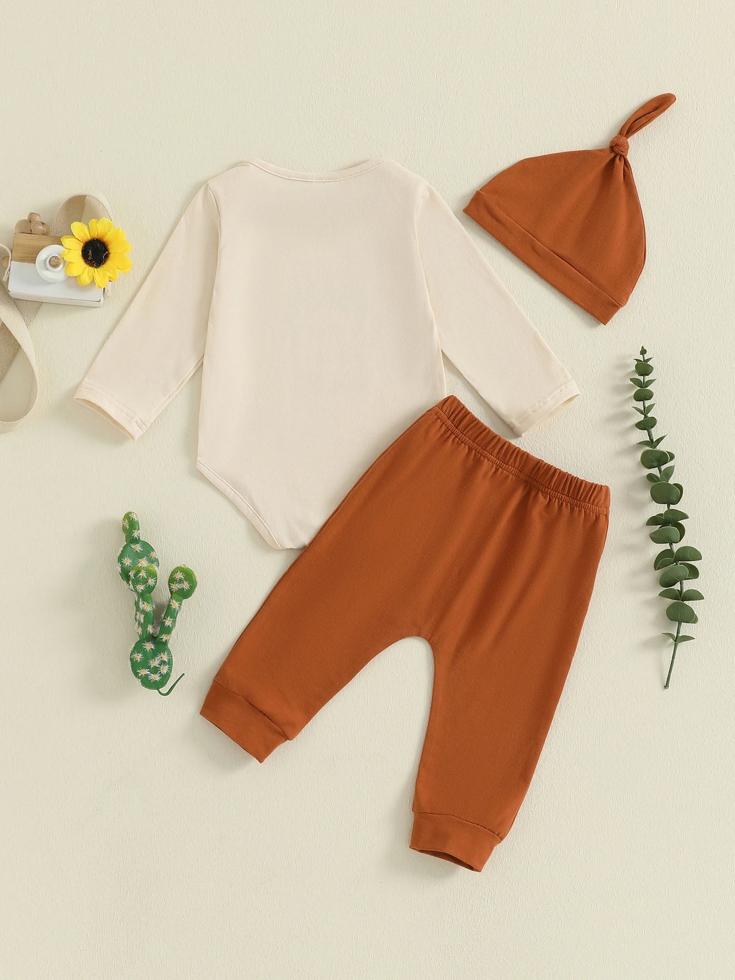 Infant 6 Month Celebration Ensemble with Sun Letter Print Long Sleeve Romper Solid Pants and Cap - 3 Piece Set for Half