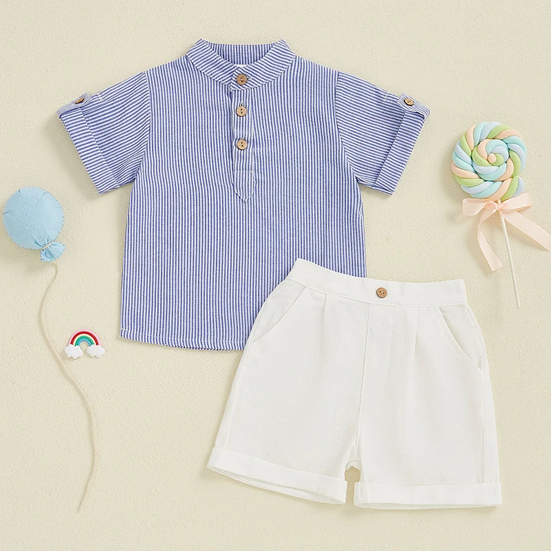Toddler Boy Casual Summer Outfit Set with Striped Half Button-up Top and Solid Shorts for a Stylish Look