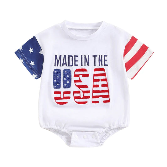 Baby Boy and Girl Romper Casual Letter Embroidery Striped Short Sleeve 4th of July Jumpsuit Toddler Summer Clothes