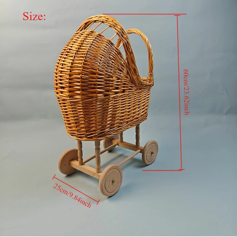 Retro Rattan Doll Stroller Toy Studio Baby Photo Props Doll Carriage Child Room Decoration Baby Doll Cart Pretend Play Toys