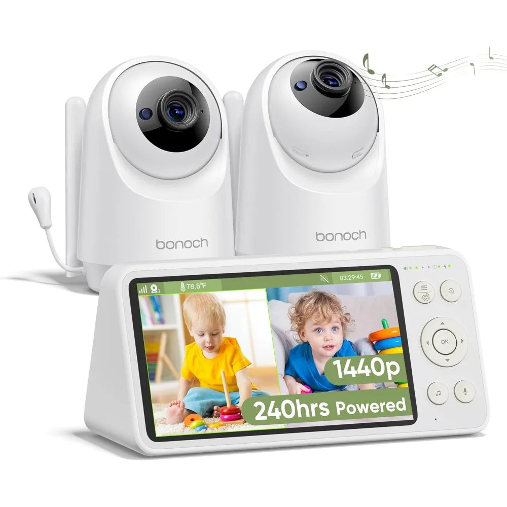 5.5" 1440p Baby Monitor with 2 Cameras, Dual Video Monitor with Split Screen, Smart No WiFi Baby Camera, Detect Sleep Turn Over