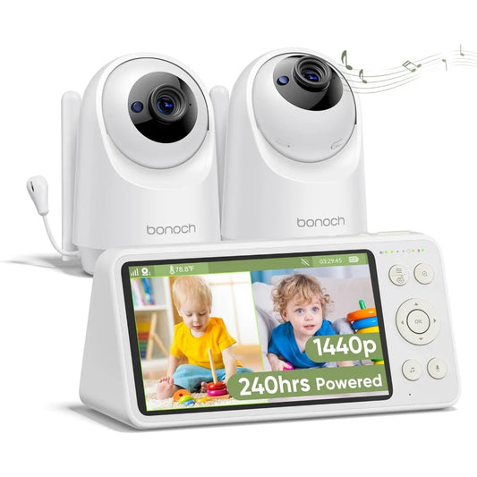 5.5" 1440p Baby Monitor with 2 Cameras, Dual Video Monitor with Split Screen, Smart No WiFi Baby Camera, Detect Sleep Turn Over