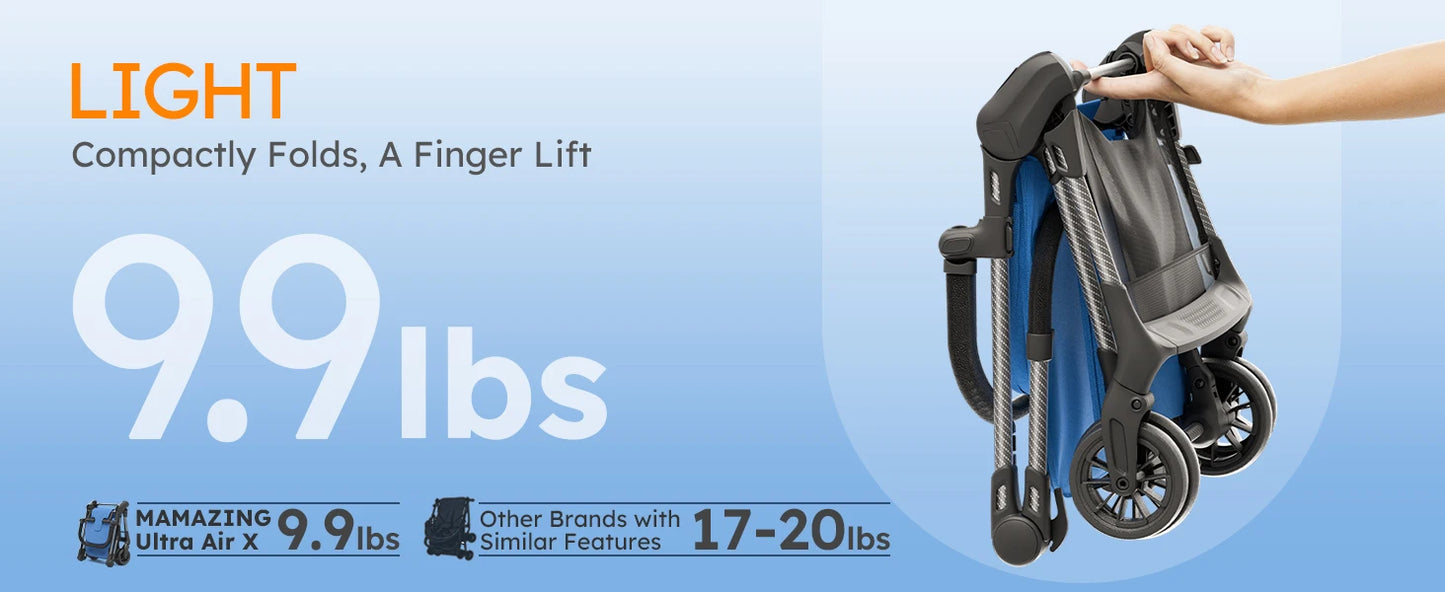 Ultra Air X Portable Baby Stroller 9.9lbs Carbon Fiber Frame with Safety Belt & Storage (BLUE)