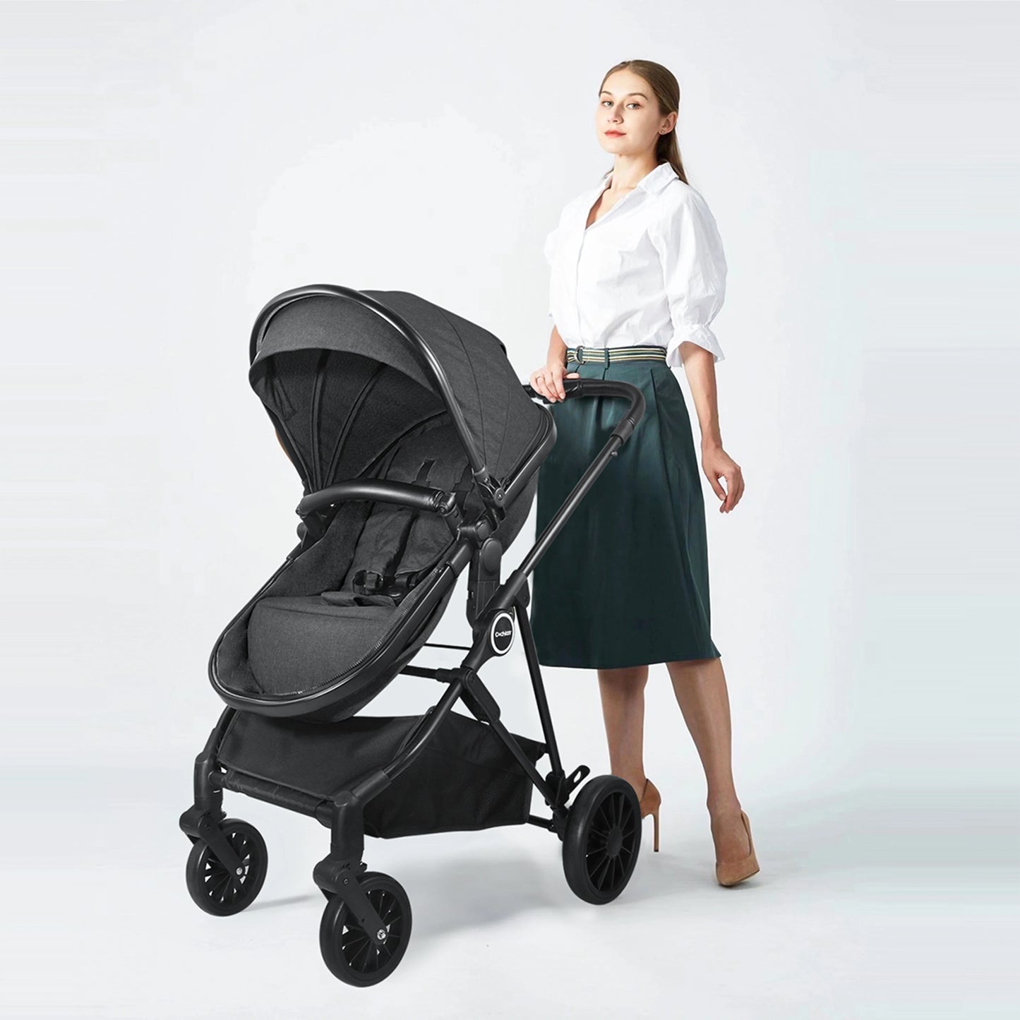 2-in-1 Baby Stroller，Folding High Landscape Pram Pushchair, Adjustable Handler, Extra Storage, Spacious Seat, Removable Footmuff