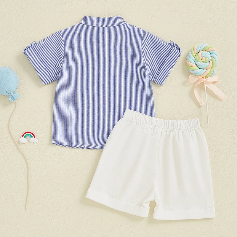 Toddler Boy Casual Summer Outfit Set with Striped Half Button-up Top and Solid Shorts for a Stylish Look