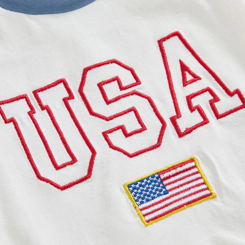 Baby 4th of July Romper Short Sleeve Round Neck Letter Flag Embroidery Bodysuit Infant Playsuit
