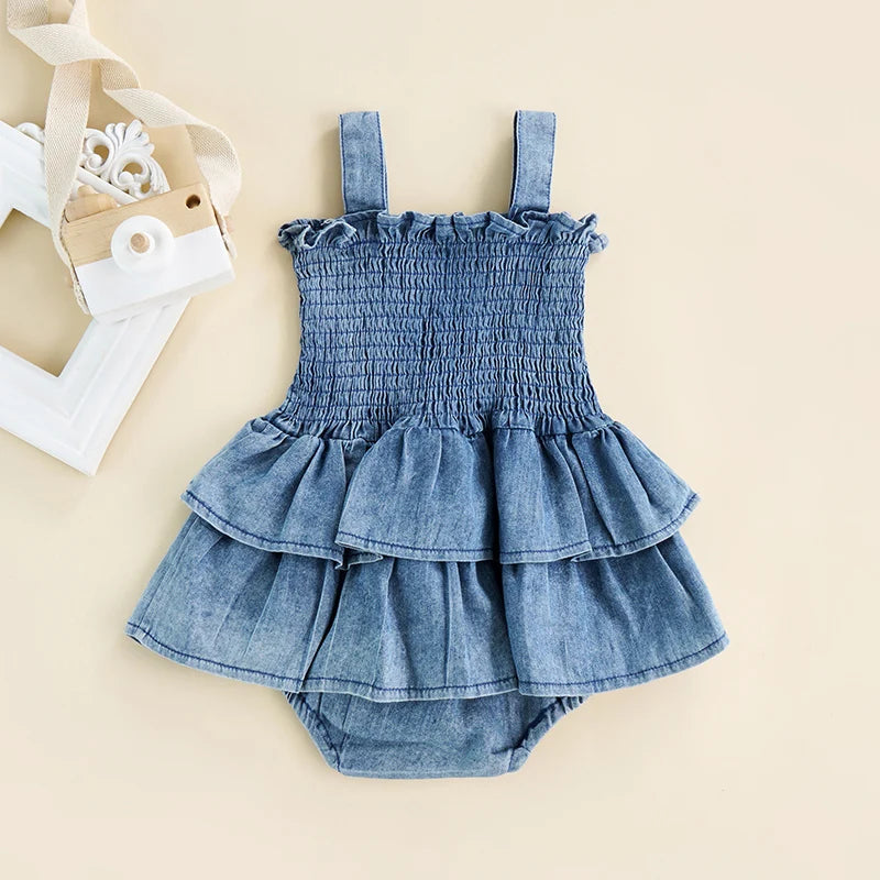 Baby Summer Clothes Girl Denim Romper Sleeveless Suspender Pleated Design Ruffle Hem Bottom Snap Button Cute Jumpsuit